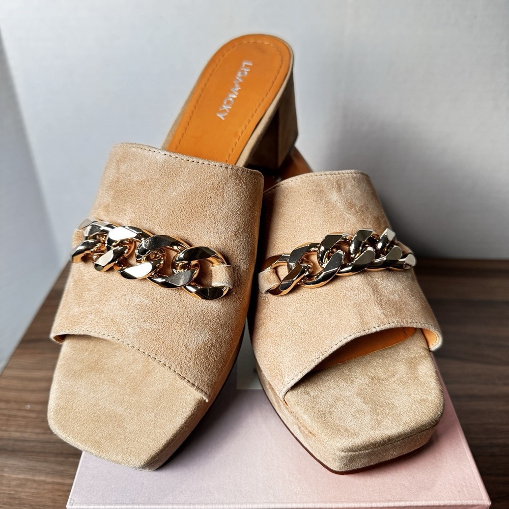 Lisa Vicky Magnetic-V Tan Camel Suede Slip On Heel Sandal Gold Chain 8M New